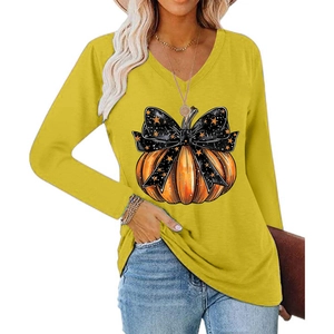 T-shirt manches longues col V pour femme avec imprimé citrouille d'Halloween jaune gingembre