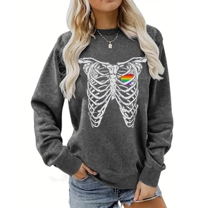 Detail of dark grey crewneck sweatshirt featuring white rib cage print and rainbow heart