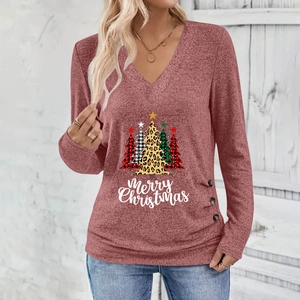 Women's V-neck Christmas tree print long sleeve top in rose pink with decorative buttons