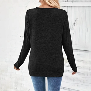 Detail of grey marl long sleeve top with ribbed hem and casual fit back view