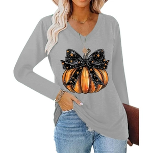 T-shirt femme gris à manches longues, col en V et imprimé citrouille d'Halloween