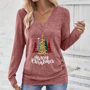 Detail of V-neck long sleeve top with Christmas tree print and decorative buttons