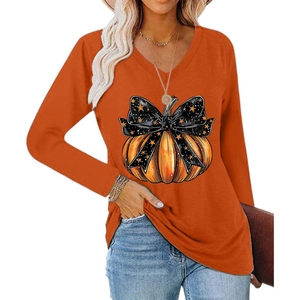T-shirt femme col V à manches longues orange avec imprimé citrouille d'Halloween