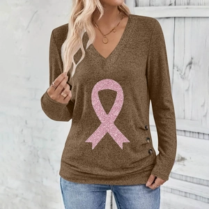 Elegant brown V-neck long sleeve top with pink sequined ribbon and side button detail