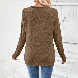 Back view of a long-sleeved brown heathered knit top with a crew neck slim fit design