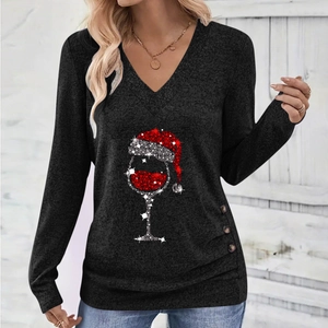 Elegant V-neck long sleeve Christmas t-shirt with wine glass print and button detail