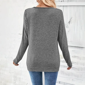 Detail of heather grey long sleeve knit top featuring soft fabric texture and casual fit