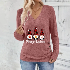 Women's Christmas Gnomes Print V-Neck Long Sleeve T-Shirt Ruched Side Button Top Elegant Holiday Party Casual Blouse