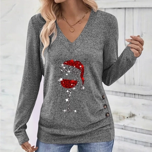 Women's V-neck Christmas top in gray featuring sequin wine glass print and side buttons
