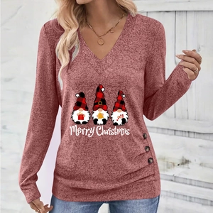 Detail of Christmas gnomes print and side buttons on mauve pink V-neck long sleeve top