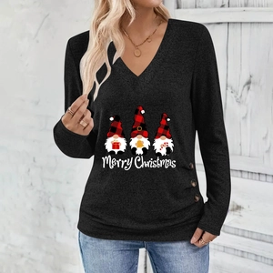 Detail of Christmas gnome print and side buttons on gray V-neck long sleeve top