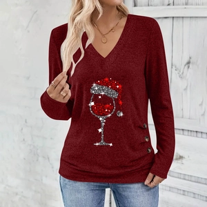 Women's Christmas Wine Glass Print V-Neck Long Sleeve T-Shirt Elegant Ruched Button Decor Heathered Casual Top For Party