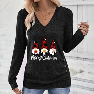 Women's V-neck Christmas long sleeve top with gnome print and side button ruching