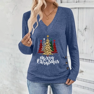Women's V-neck long sleeve navy top with festive Christmas tree print and button detail