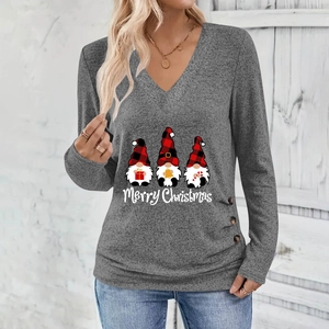 Women's V-neck long sleeve gray top with Merry Christmas gnomes and side buttons