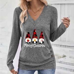 Detail of Christmas gnomes print and side buttons on grey V-neck long sleeve top