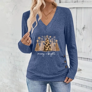 Women's V-neck long sleeve tee with Christmas tree graphic and side button details