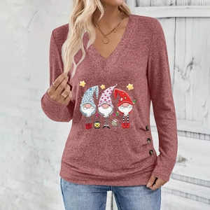 Detail view of the V-neckline and festive gnome print on a soft long-sleeved shirt