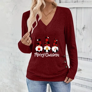 Detail of V-neck top with Merry Christmas gnome print and decorative side buttons