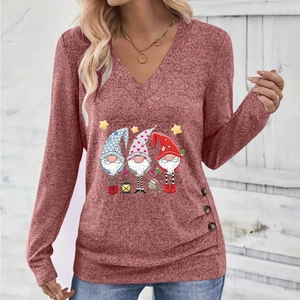 Detail of V-neck long sleeve top with festive gnome print and decorative side buttons