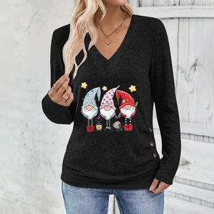 Women's V-neck long sleeve T-shirt with festive gnome prints and side button details