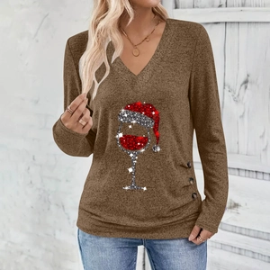 Women's V-neck long sleeve top in brown with Christmas wine glass print and button detail