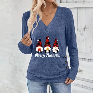 Detail of Christmas t-shirt featuring three gnomes, V-neck design and side button accents