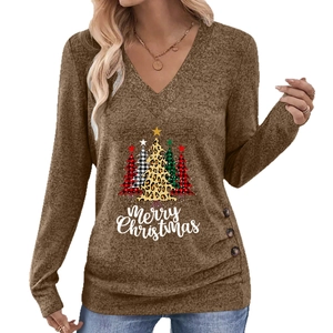 Brown V-neck long sleeve shirt with Christmas trees and side button detail