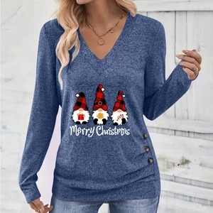 Women's V-neck long sleeve Christmas gnome print top in navy blue with button details