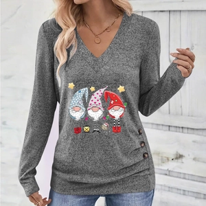 Women Elegant V Neck Long Sleeve T-Shirt Christmas Gnome Heart Print Shirred Button Decor Casual Winter Autumn Tee Top
