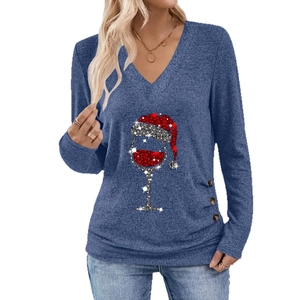 Elegant V-neck long sleeve blue top with festive Christmas wine glass glitter print