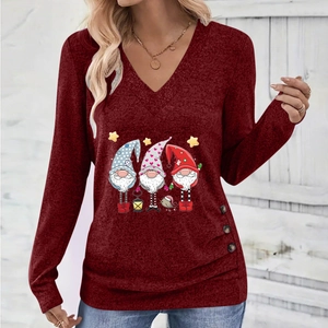 Women's burgundy V-neck long sleeve top featuring cute Christmas gnome prints and side buttons