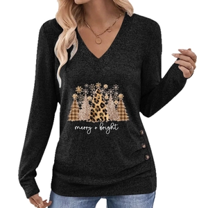 Women's V-neck long sleeve T-shirt with Merry Bright Christmas tree print and side buttons