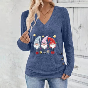 Women's V-neck long sleeve tee in grey blue with festive gnome print and side buttons
