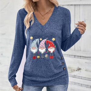 Detail of V-neck long sleeve top with Christmas gnome print and side wood buttons