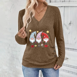 Detail of V-neck top with cute gnome prints and side button accents on brown knit fabric