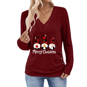 Women's V-neck long sleeve wine red Christmas t-shirt featuring festive gnome print