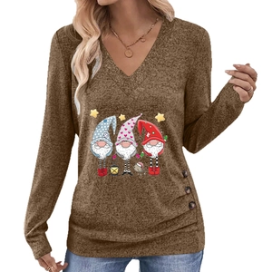 Elegant long sleeve V-neck top in brown featuring festive Santa Gnomes and button detail