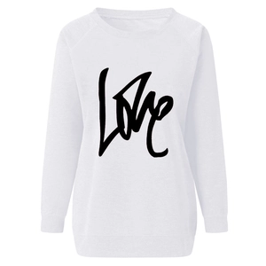 Detail of the LOVE script print on a white crewneck sweatshirt with raglan sleeves