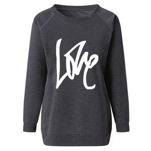Detail of LOVE script print on dark grey crewneck sweatshirt with ribbed texture