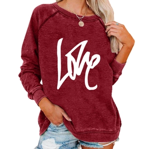 Elegant wine red long sleeve crewneck sweatshirt featuring white LOVE letter print