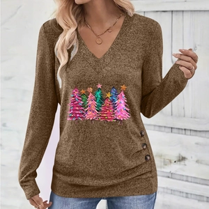 Women's V-neck long sleeve Christmas tree print top in brown with button detail
