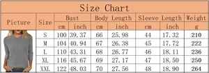 Detailed size guide table for women heart print three quarter sleeve ribbed knit shirt