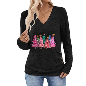 Elegant V-neck long sleeve T-shirt for women with colorful Christmas tree print and side buttons