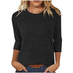 Women's slim fit charcoal ribbed knit t-shirt with round neck and three-quarter sleeves