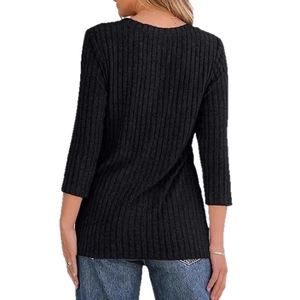 Detail of black ribbed knit texture on slim-fit women sweater showing back view