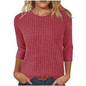 Women's ribbed knit three-quarter sleeve top in rust red with casual round neck design