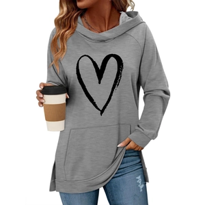 Women Casual Heart Print Hoodie Sweatshirt Long Sleeve Pocket Side Slit Pullover Top Valentine's Day Fashion Streetwear