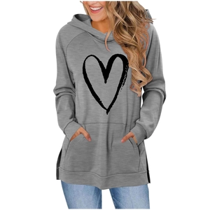 Close-up of grey hoodie with large black hand-drawn heart print and kangaroo pocket