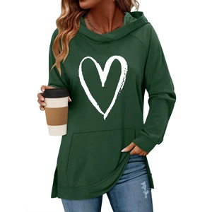 Women's dark green heart print hoodie with kangaroo pocket and side slits detail